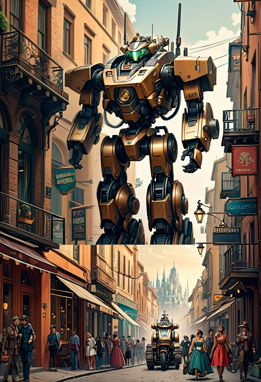 In this photo, there are many robots walking down the street.。, Eve Ventreux, Movie stills, Smogpunk, Army of Robots, trending on 500px, Inspired by Mirabello Cavalori, steampunk bike, Trending on artstattion, Ryan Berger, widescreen shot, Inspired by Tadeusz Pruszkowski  