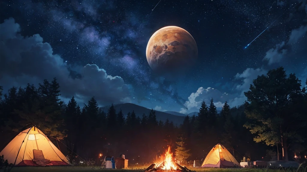 Outdoor Camping, night, Alien planets, Alien fauna, Alien Technology, Alien planetss and unknown constellations in the night sky, fantastic Outdoor Camping on an Alien planets, Movie Frame, Very detailed, Very long, Hyperactivity, Super accurate, (classic anime style)