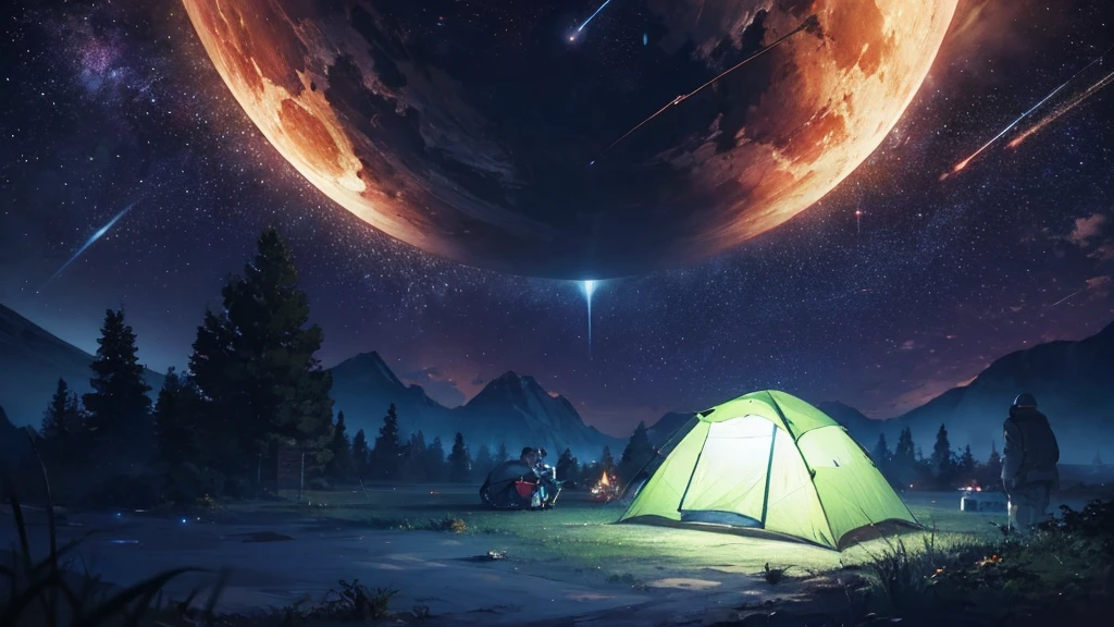 Outdoor Camping, night, Alien planets, Alien fauna, Alien Technology, Alien planetss and unknown constellations in the night sky, fantastic Outdoor Camping on an Alien planets, Movie Frame, Very detailed, Very long, Hyperactivity, Super accurate, (classic anime style)