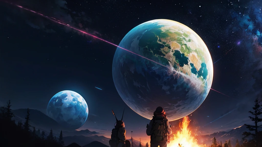 Outdoor Camping, night, Alien planets, Alien fauna, Alien Technology, Alien planetss and unknown constellations in the night sky, fantastic Outdoor Camping on an Alien planets, Movie Frame, Very detailed, Very long, Hyperactivity, Super accurate, (classic anime style)