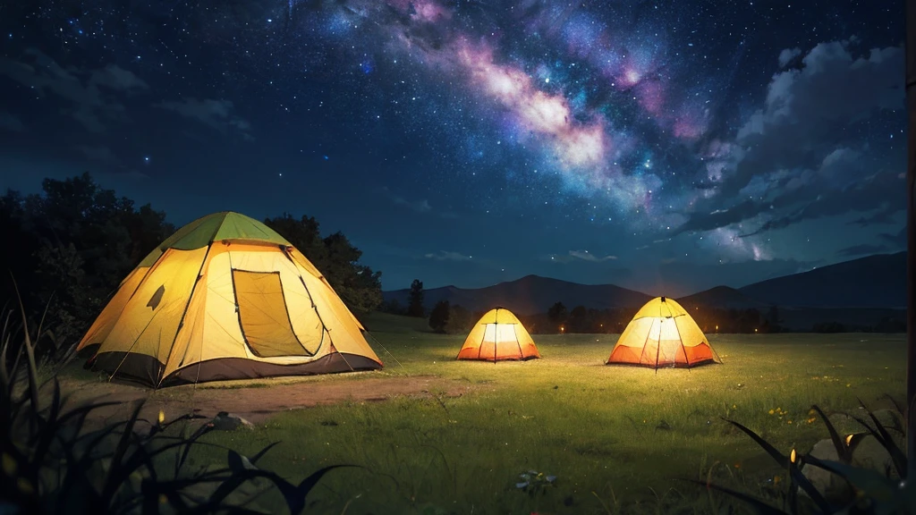 Outdoor Camping, night, Alien planets, Alien fauna, Alien Technology, Alien planetss and unknown constellations in the night sky, fantastic Outdoor Camping on an Alien planets, Movie Frame, Very detailed, Very long, Hyperactivity, Super accurate, (classic anime style)