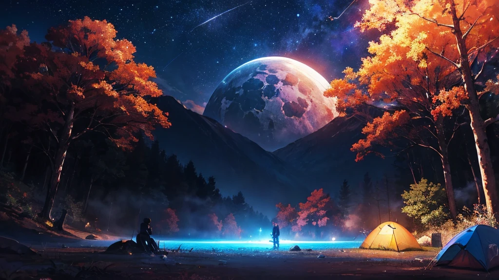 Outdoor Camping, night, Alien planets, Alien fauna, Alien Technology, Alien planetss and unknown constellations in the night sky, fantastic Outdoor Camping on an Alien planets, Movie Frame, Very detailed, Very long, Hyperactivity, Super accurate, (classic anime style)