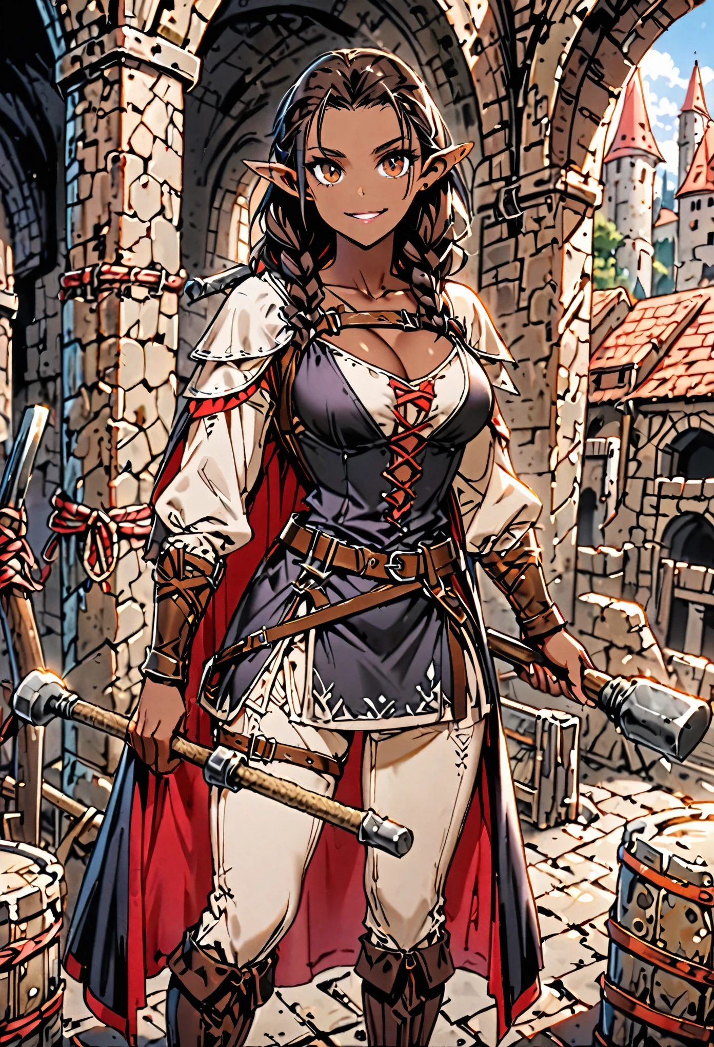 solo, female, sfw, dwarf, mature woman, dark skin, brown eyes, large breasts, muscular, medieval, medieval construction uniform, cleavage, sexy, holding hammer, underground, construction site, fantasy, pointy ears, braids, medium view, broad shoulders, strong, mischievous smile, plain clothes, harness, rope, scaffold, chisel, very short woman