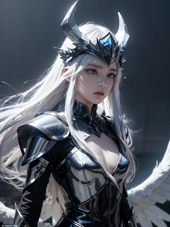 masterpiece, Ultra-high resolution, 8K, Chariot_Flaming Fallen Angel, Demon Wings , Male Characters, Dim Lights, Wind blowing through hair, Harsh environment , mystery, Ghost Fog , horrible, ValkyrieProfileHelmet, helmet extremely detailed, Feathers on the helmet, Dragon Armor Details, Armor Detail Guide, Armor black, Set with precious stones, Crystal Amethyst, Crystal Quartz, Dark Quartz Crystal ((Devil face)) Practical, white hair, long hair, Straight Hair, Valkyrie_contour_helmet_