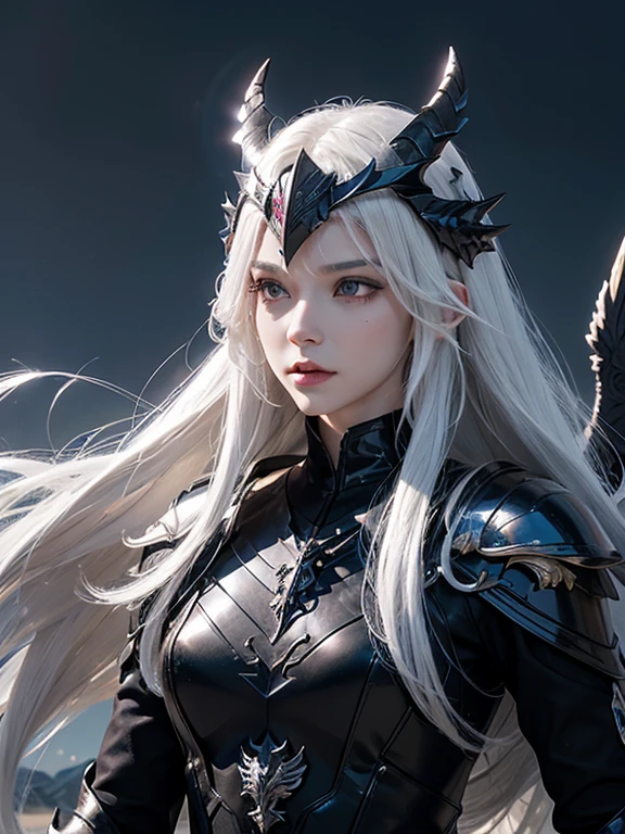 masterpiece, Ultra-high resolution, 8K, Chariot_Flaming Fallen Angel, Demon Wings , Male Characters, Dim Lights, Wind blowing through hair, Harsh environment , mystery, Ghost Fog , horrible, ValkyrieProfileHelmet, helmet extremely detailed, Feathers on the helmet, Dragon Armor Details, Armor Detail Guide, Armor black, Set with precious stones, Crystal Amethyst, Crystal Quartz, Dark Quartz Crystal ((Devil face)) Practical, white hair, long hair, Straight Hair, Valkyrie_contour_helmet_