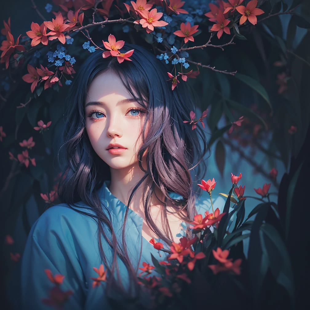 a beautiful girl in a lush garden, vibrant blue sky, red and orange flowers, detailed face and eyes, volumetric lighting, intricate details, photorealistic, high definition, masterpiece, professional digital art, cinematic color palette, using a palette of light pink, muted blue, dark grayish blue, bright blue, very dark gray, and light grayish blue