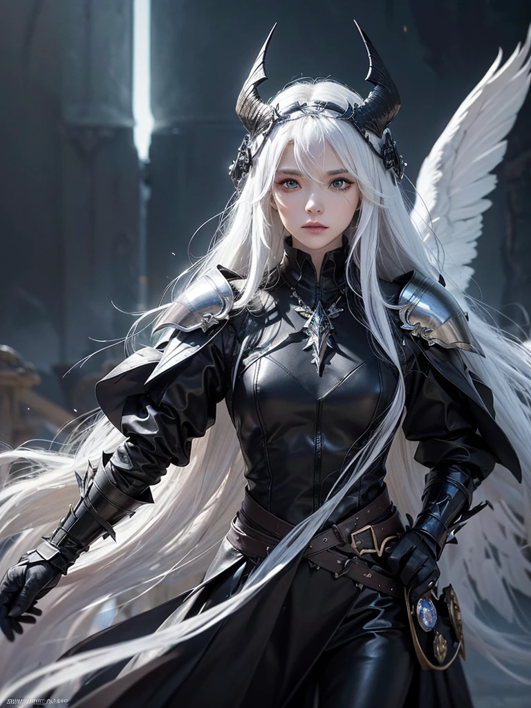 masterpiece, Ultra-high resolution, 8K, Chariot_Flaming Fallen Angel, Demon Wings , Male Characters, Dim Lights, Wind blowing through hair, Harsh environment , mystery, Ghost Fog , horrible, ValkyrieProfileHelmet, helmet extremely detailed, Feathers on the helmet, Dragon Armor Details, Armor Detail Guide, Armor black, Set with precious stones, Crystal Amethyst, Crystal Quartz, Dark Quartz Crystal ((Devil face)) Practical, white hair, long hair, Straight Hair, Valkyrie_contour_helmet_