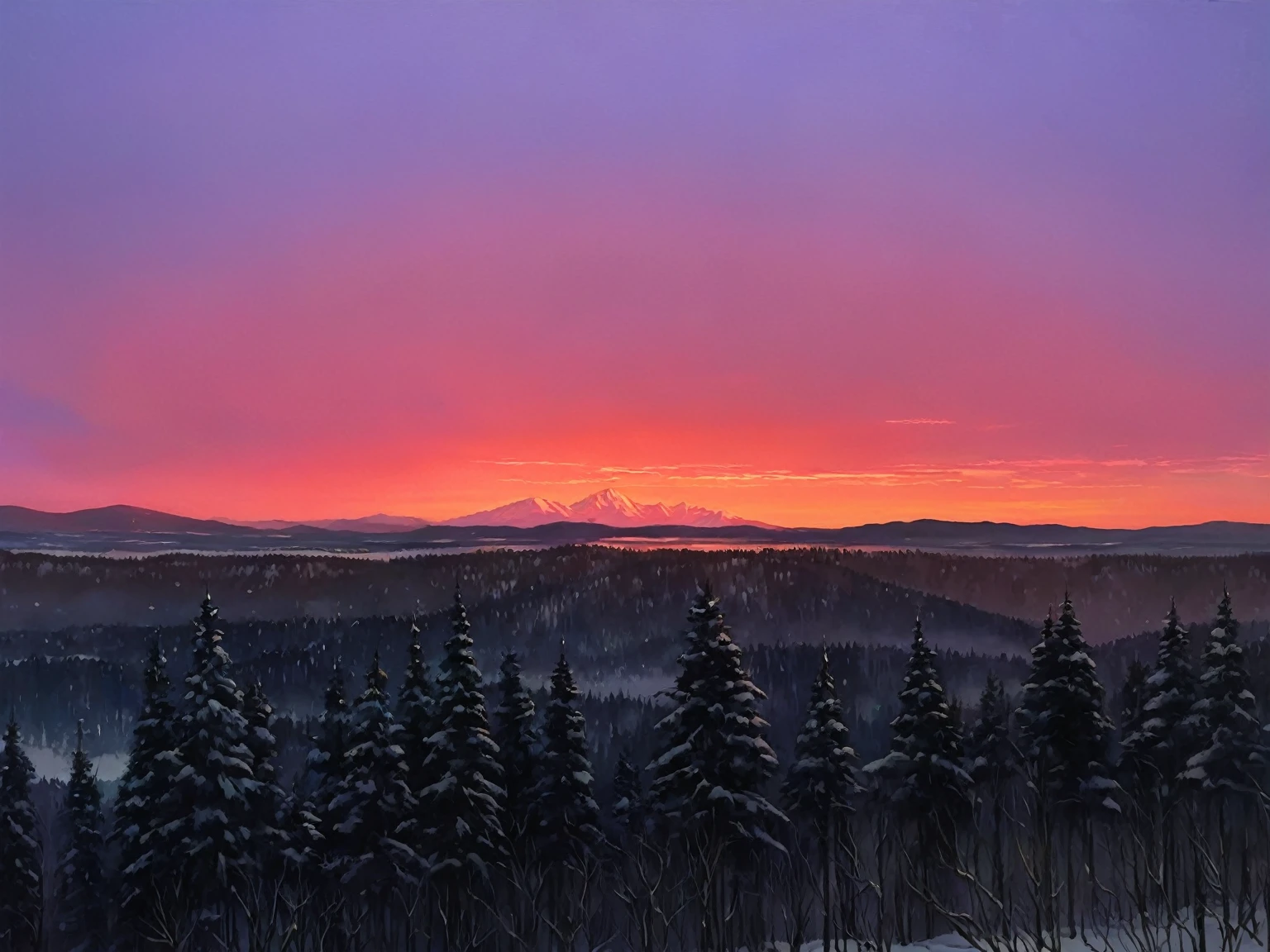 Create a winter landscape painting with a serene atmosphere, using a palette of light pink, muted blue, dark grayish blue, bright blue, very dark gray, and light grayish blue. The scene should feature a snowy forest in the foreground and a majestic mountain range in the background, capturing the transition of colors from the snow-covered trees to the vibrant hues of the sky and mountains at sunrise. The painting should evoke a sense of tranquility and the beauty of nature