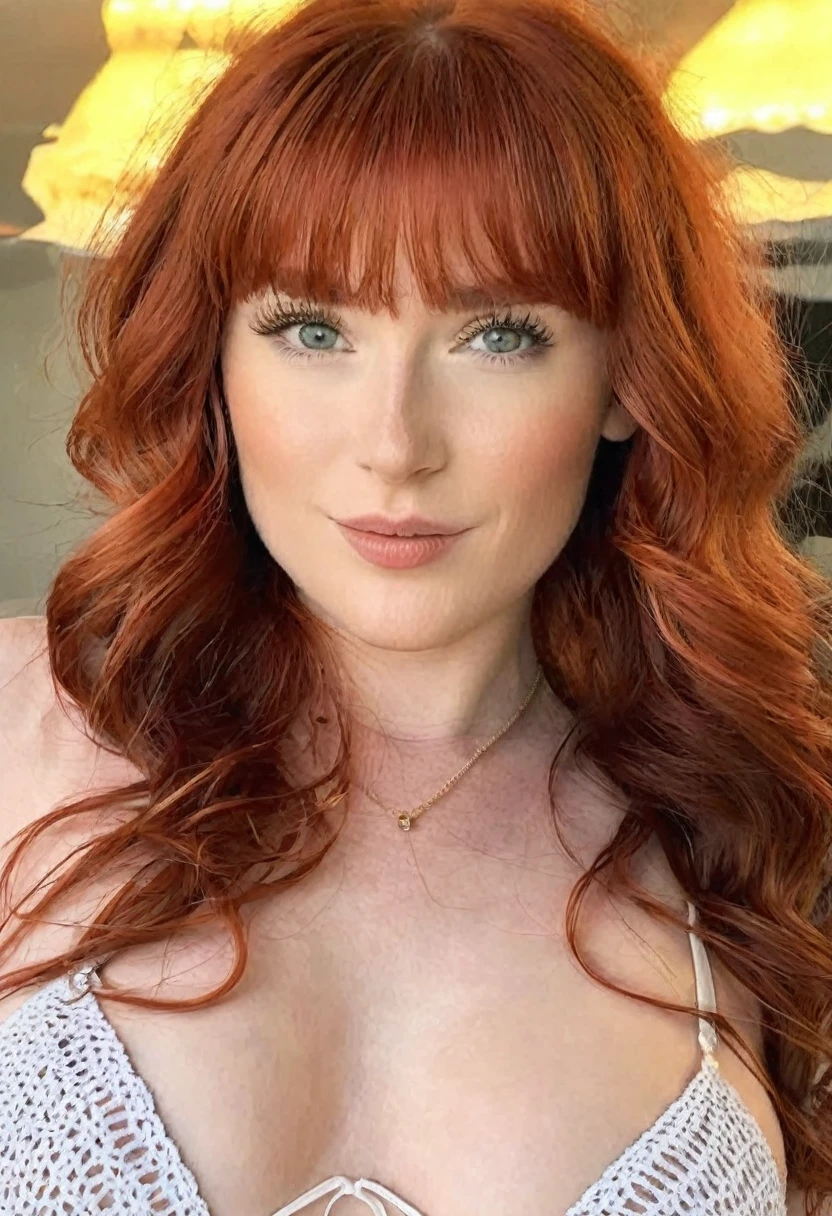 (Hotlexi woman), (best high quality:1.5), ((8k)), extremely detailed, (High details:1.4), Solo, 24 year old Irish female, (wavy red-haired with bangs), (bikini),