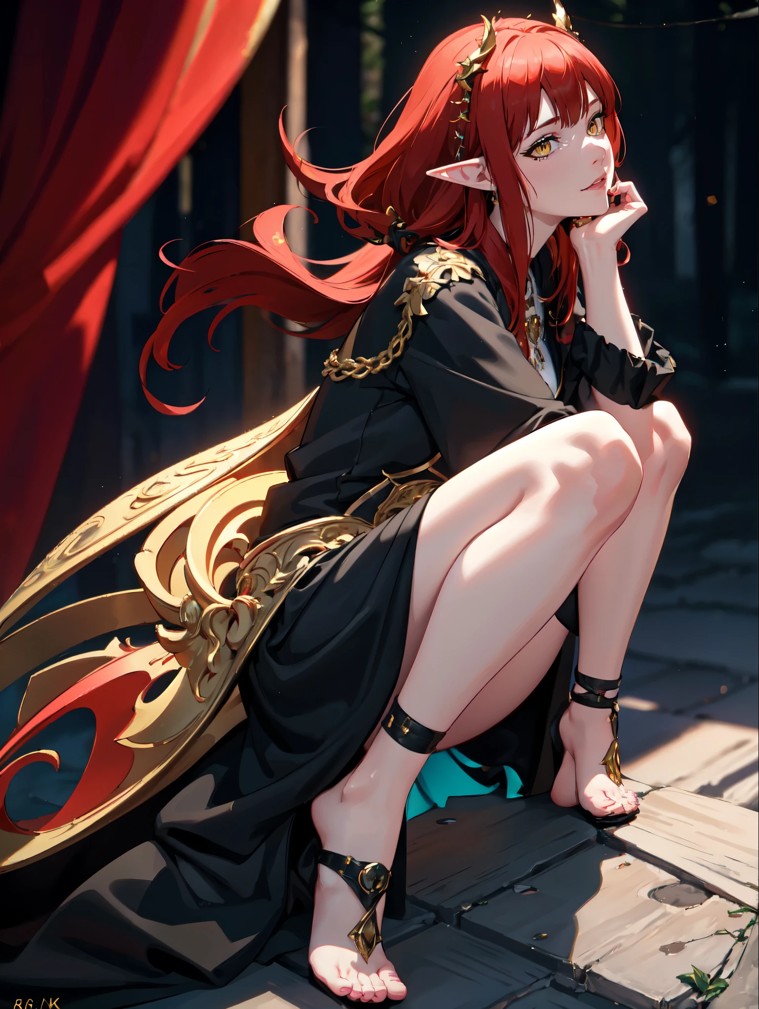 A mature female, yellow eyes,elf ears, naughty smile, closed mouth, red hair, (best quality,4k,8k,highres,masterpiece:1.2),ultra-detailed,(realistic,photorealistic,photo-realistic:1.37),HDR,UHD,studio lighting,ultra-fine painting,sharp focus,physically-based rendering,extreme detail description,professional,vivid colors,bokeh,((full shot ,full body))