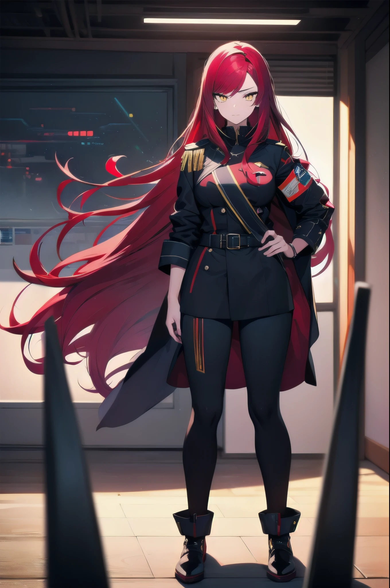 (masterpiece:1.37), woman, (mature:1.5), extremely detailed eyes and face, long straight hair, (red hair:1.5), yellow eyes, (military uniform:1.25), futuristic, science fiction, hologram armband, unicursal hexagram-shaped pupils, standing, large breasts, futuristic, (science fiction:1.5), hologram armband, best quality, 8k, highres, ultra-detailed, studio lighting, ultra-fine painting, sharp focus, physically-based rendering, extreme detail description, professional, vivid colors, bokeh, extreme attention to detail, tsurime, messy bangs, long bangs, bright red hair highlights, two-tone hair, (wetting self:1.5), (crossed arms:1.5), embarrassed, humiliated, angry, (standing:1.5), tight pants, legs