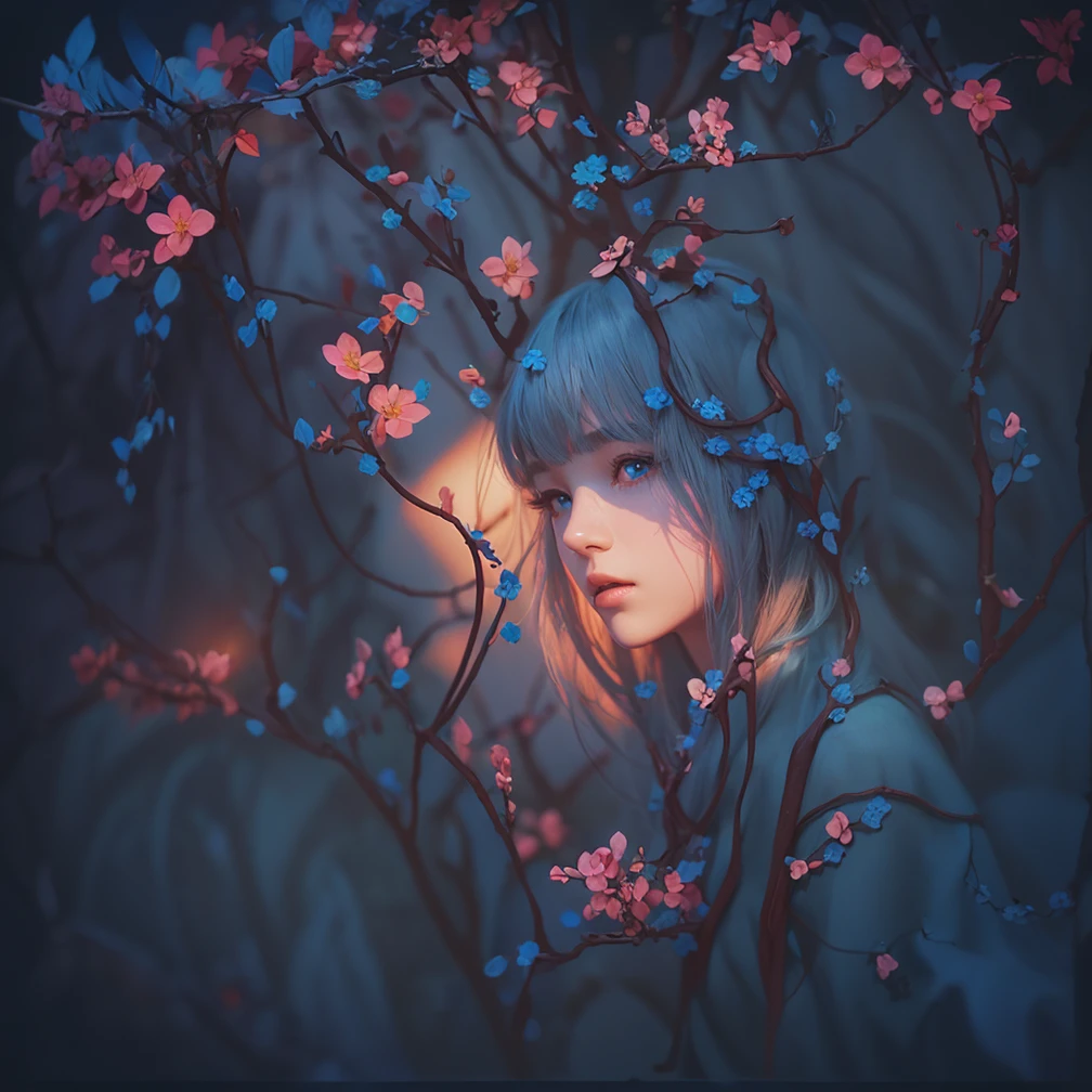 a beautiful girl in a lush garden, vibrant blue sky, red and orange flowers, detailed face and eyes, volumetric lighting, intricate details, photorealistic, high definition, masterpiece, professional digital art, cinematic color palette, using a palette of light pink, muted blue, dark grayish blue, bright blue, very dark gray, and light grayish blue