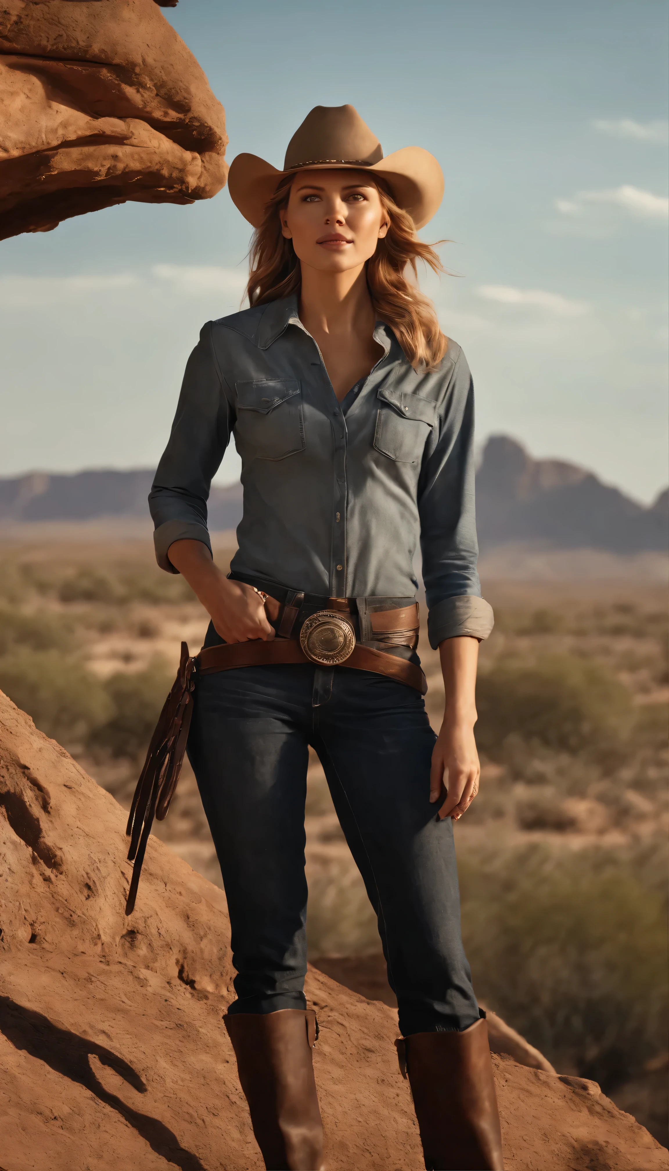 with high definition images，Beautiful cowgirl(masterpiece、highest quality:1.2)、Cowboy-themed image of Scarlett Johansson、solo、One woman、Scarlett Johansson、Captivating smile、Look directly at your audience、Denim top and bottom、Riding a horse through the desolate plains，Western-style hats、Highly detailed、Intricately crafted facial features、Realistic skin texture、Expressive eyes、Warm and inviting、Rustic, sun-kissed landscape、The perfect blend of elegance and rugged charm