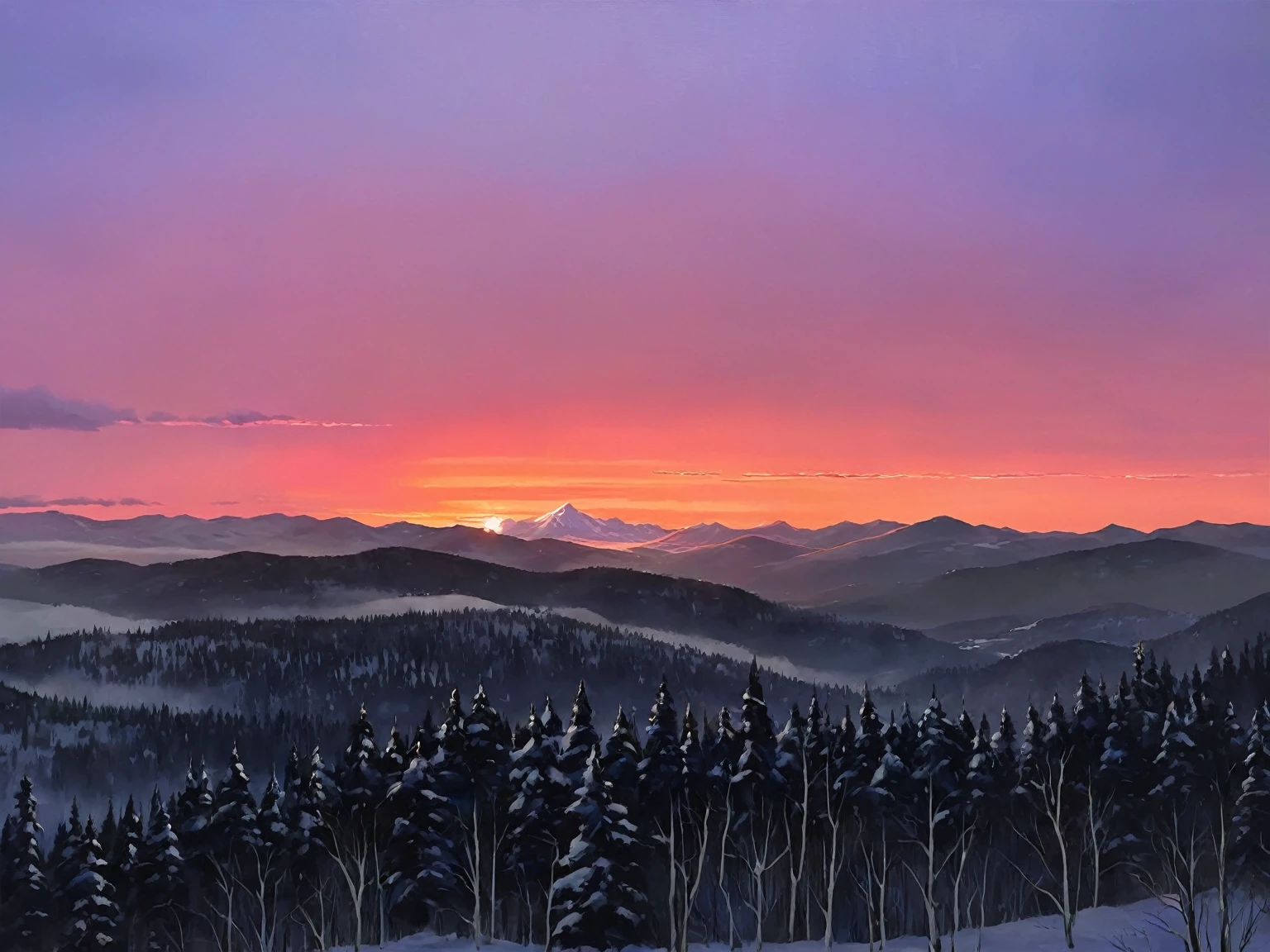Create a winter landscape painting with a serene atmosphere, using a palette of light pink, muted blue, dark grayish blue, bright blue, very dark gray, and light grayish blue. The scene should feature a snowy forest in the foreground and a majestic mountain range in the background, capturing the transition of colors from the snow-covered trees to the vibrant hues of the sky and mountains at sunrise. The painting should evoke a sense of tranquility and the beauty of nature