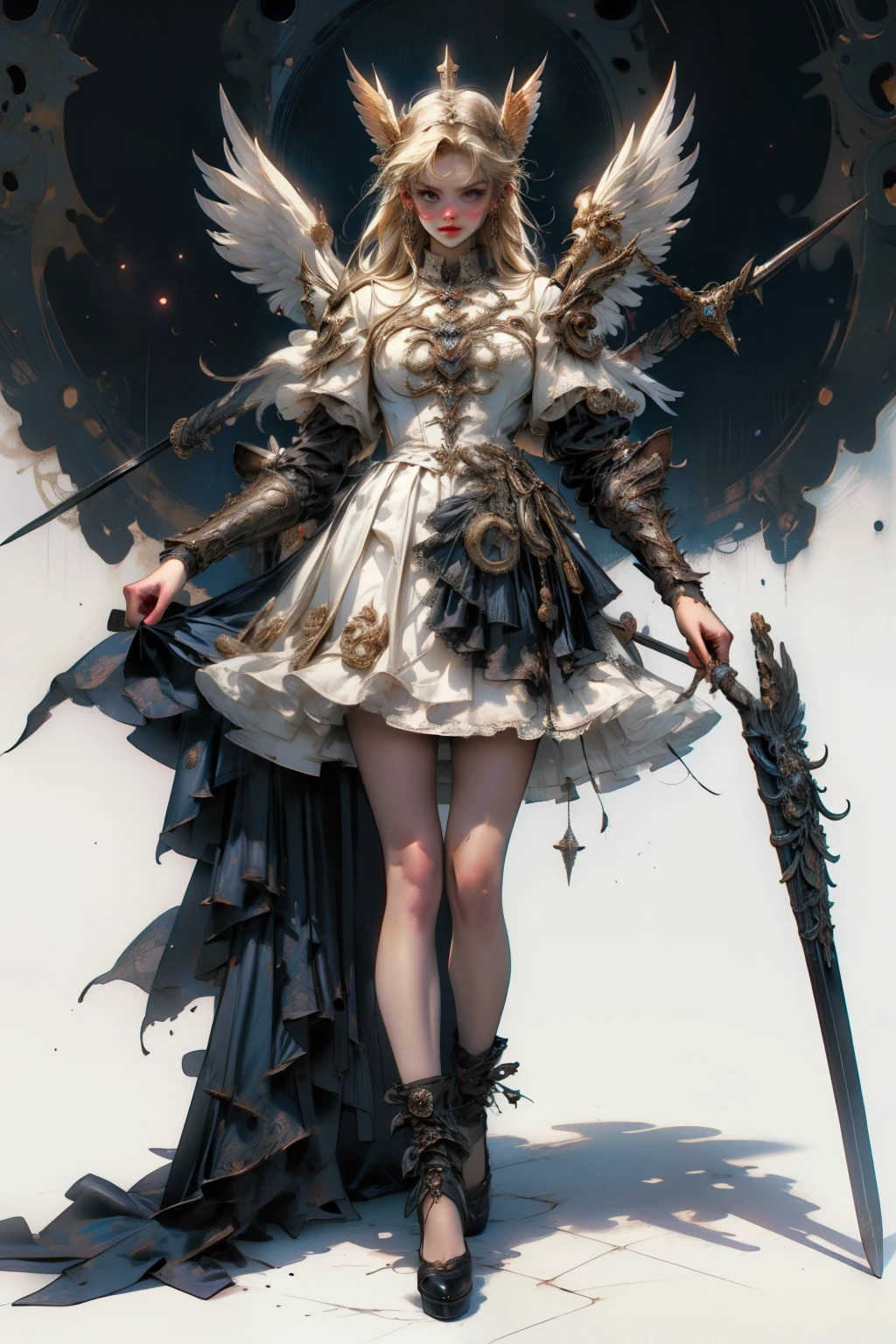 ((best quality)), ((masterpiece)), (detailed), blank white background, plain background, white background, Bloodborne inspired, occult aesthetic, occult, detailed and intricate steampunk and detailed gothic, NSFW, Very dramatic and cinematic lighting, cosmic horror, grim-dark, side-lighting, perfect face, a beaituful goddess valkyrie adorned and enshrined in armour, Bloodborne inspired valkyrie, occult aesthetic valkyrie, occult valkyrie, detailed and intricate steampunk and detailed gothic valkyrie, wielding a sword and holding a shield, NSFW, Fluttering lace flared long knee length dress with frilly petticoats, knee length dress, pleated petticoats, lolita dress, petticoats gothic lolita, side-lighting, gothic lolita aesthetic, beautiful small breasts, small breasts, full body, whole body, body, plain background, white background, blank background, no background, white background NSFW, full body, whole body, head-to-toe