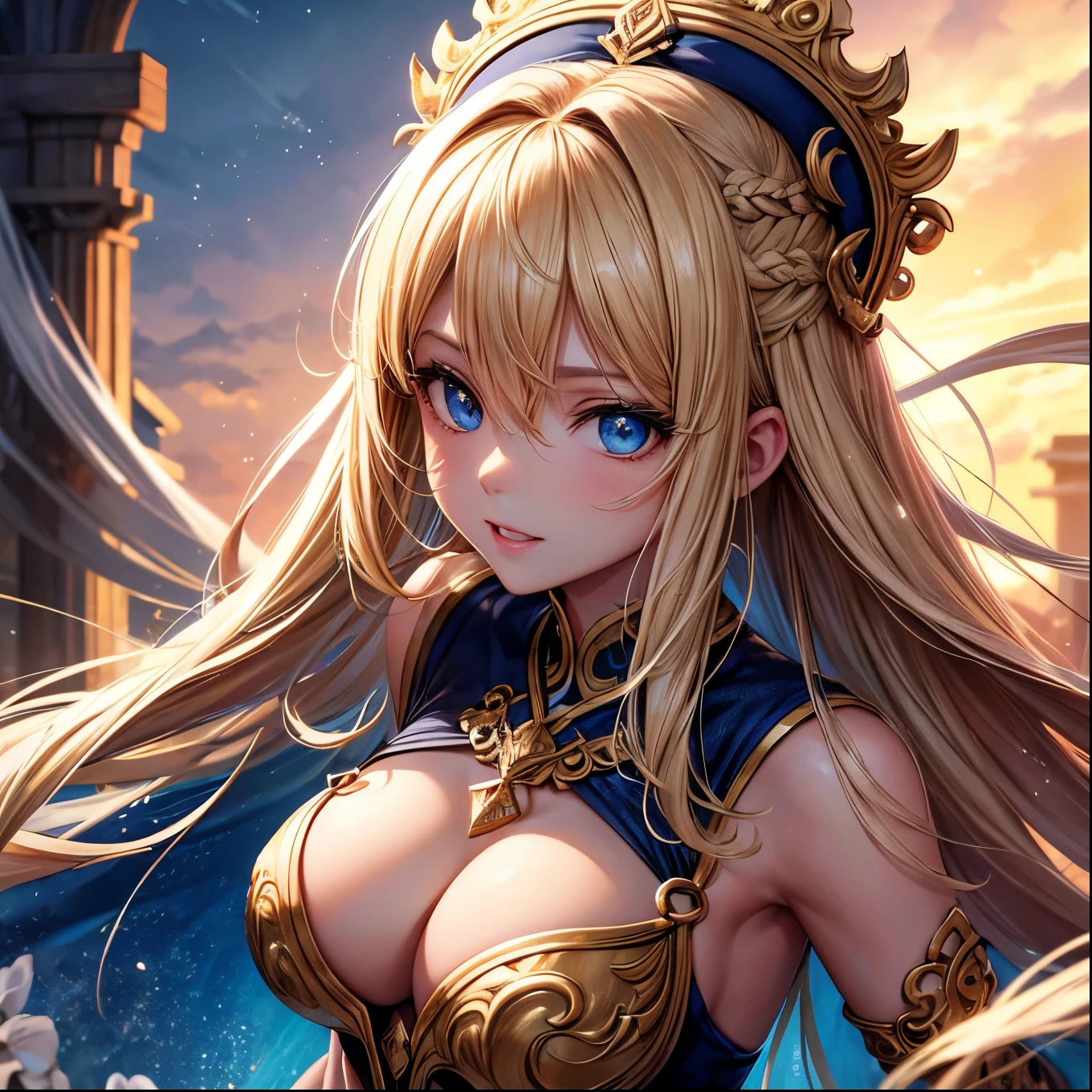 melhor qualidade, Obra de arte, high resolution, 1 garota, Epic framing, foto corpo inteiro, atraente, vestido branco, blonde hair, transparent silk vestir, rosto bonito, gold ornaments, olhando para o espectador, sorriso, boca fechada, blue eyes, lips, vestir,hair ornament, colar, joia, cabelo longo, brincos, rosto bonito,sobre_corpo, Efeito Tyndall, anime, semirrealista, Dark studio, rim lighting, Two-tone lighting,(pele altamente detalhada:1.2), 8K uhd, DSLR, soft lighting, alta qualidade, volumetric lighting, candid, fotografia, high resolution, beautiful sky, 4k, 8K, Bokeh