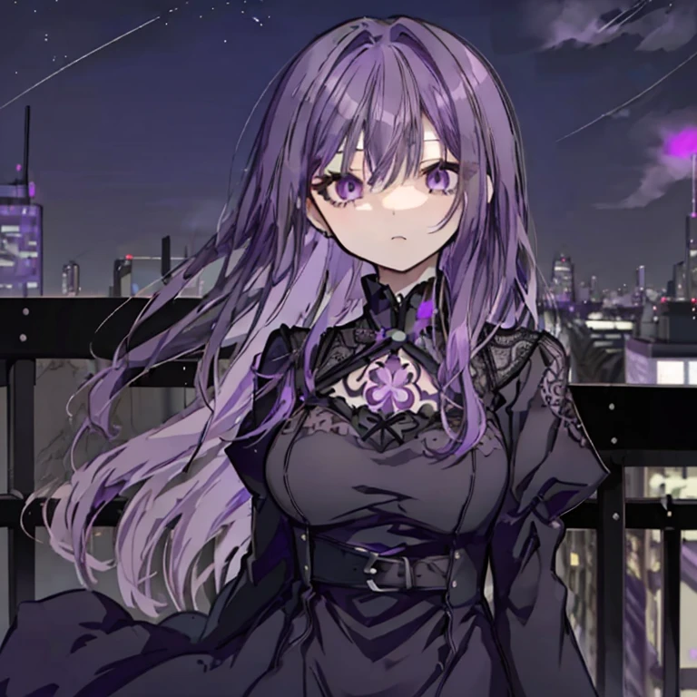 1 girl、Purple Hair、Long Hair、Purple Eyes、Downtown、On top of a building、Night view、Hair blowing in the wind、Mature、Ample breasts、Black Dress、Tattoo、Look to the side、