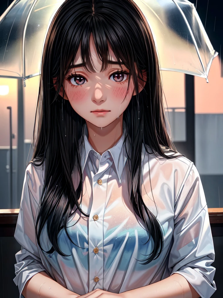 A beautiful girl with long black hair, wearing a high school girl uniform, shyly blushing, wet from the rain, her uniform becoming transparent, (masterpiece, best quality), soft cinematic lighting, cinematic composition