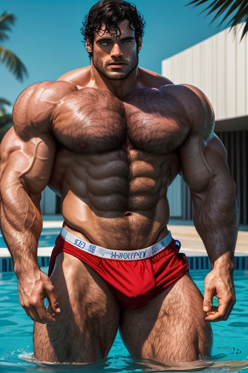 Homem musculoso peludo com grande volume na cueca com o rosto do hanry cavill dentro de uma piscina
