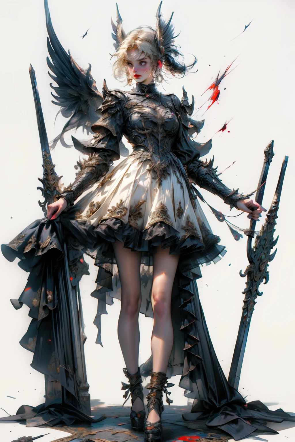 ((best quality)), ((masterpiece)), (detailed), blank white background, plain background, white background, Bloodborne inspired, occult aesthetic, occult, detailed and intricate steampunk and detailed gothic, NSFW, Very dramatic and cinematic lighting, cosmic horror, grim-dark, side-lighting, perfect face, a beaituful goddess valkyrie adorned and enshrined in armour, Bloodborne inspired valkyrie, occult aesthetic valkyrie, occult valkyrie, detailed and intricate steampunk and detailed gothic valkyrie, wielding a sword and holding a shield, NSFW, Fluttering lace flared long knee length dress with frilly petticoats, knee length dress, pleated petticoats, ta dress, petticoats gothic loliside-lighting, gothic lolita aetic, beautiful small breasts, small breasts, full body, whole body, body, plain background, white background, blank background, no background, white background NSFW, full body, whole body, head-to-toe