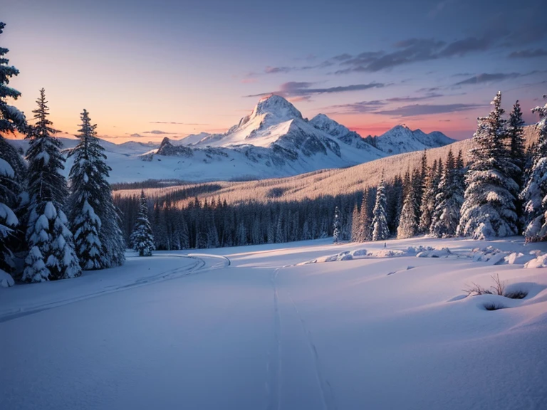 Create a winter landscape painting with a serene atmosphere, using a palette of light pink, muted blue, dark grayish blue, bright blue, very dark gray, and light grayish blue. The scene should feature a snowy forest in the foreground and a majestic mountain range in the background, capturing the transition of colors from the snow-covered trees to the vibrant hues of the sky and mountains at sunrise. The painting should evoke a sense of tranquility and the beauty of nature