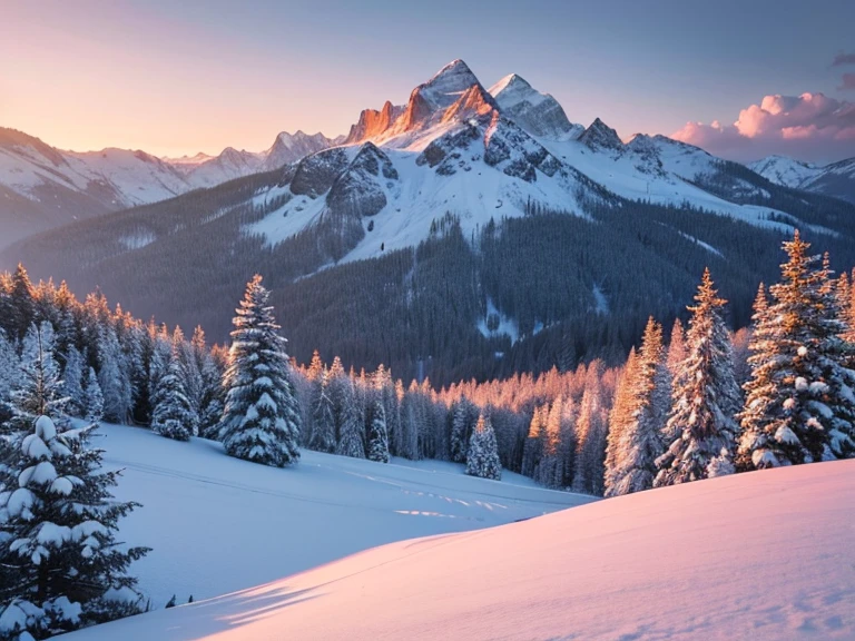 Create a winter landscape painting with a serene atmosphere, using a palette of light pink, muted blue, dark grayish blue, bright blue, very dark gray, and light grayish blue. The scene should feature a snowy forest in the foreground and a majestic mountain range in the background, capturing the transition of colors from the snow-covered trees to the vibrant hues of the sky and mountains at sunrise. The painting should evoke a sense of tranquility and the beauty of nature