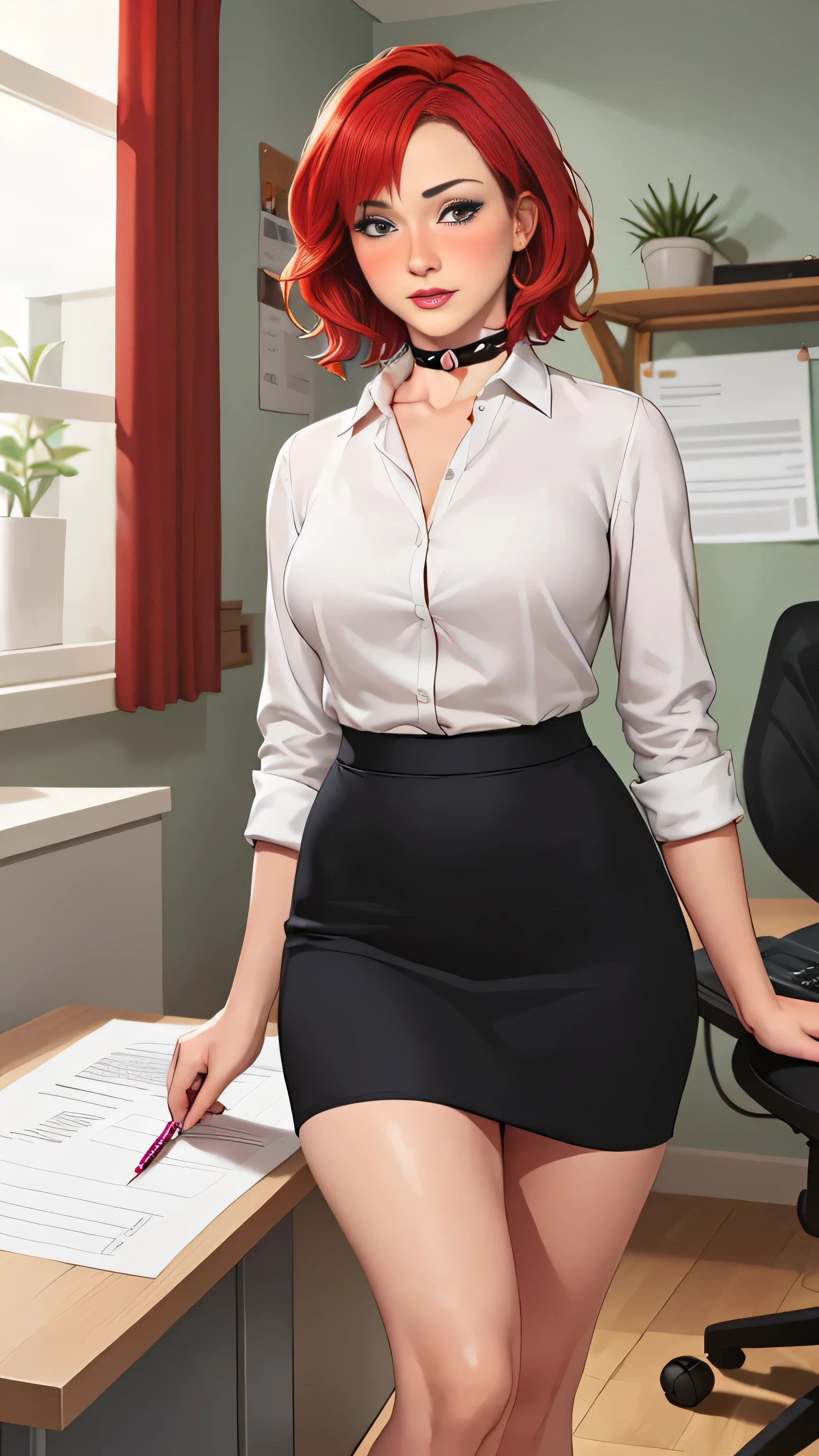 Christina Hendricks, (masterpiece quality, (masterpiece quality:1.3), realistic, (realistic:1.3), 1girl, (1girl:1.9), solo, (solo:1.9), in an office, paperwork in background, typewriter in background, short hair, red hair, (red hair:1.5), wearing a business suit, wearing a white blouse, (white blouse:1.5), wearing black skirt, (wearing black skirt:1.5), wearing choker collar, small breasts, thin body, blushing, (blushing:1.2), 