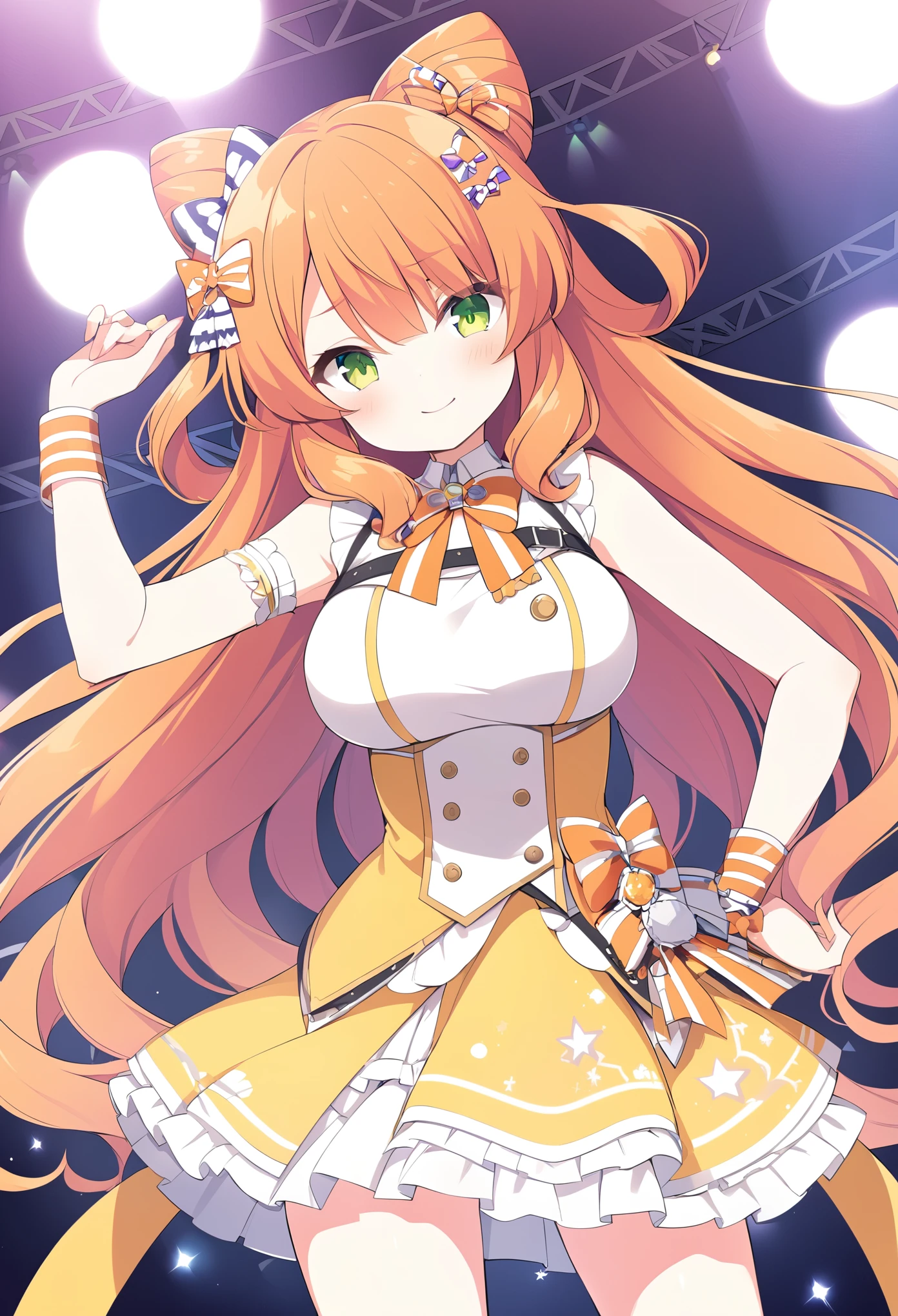 TOYONAGAHIBIKI, ORANGE HAIR, HAIR RINGS, DOUBLE BUN, CONE HAIR BUN, HAIR BETWEEN EYES, HAIR BOW, STRIPED BOW, HAIR ORNAMENT, VERY LONG HAIR, GREEN EYES, large breasts,, Live Stage, solo .