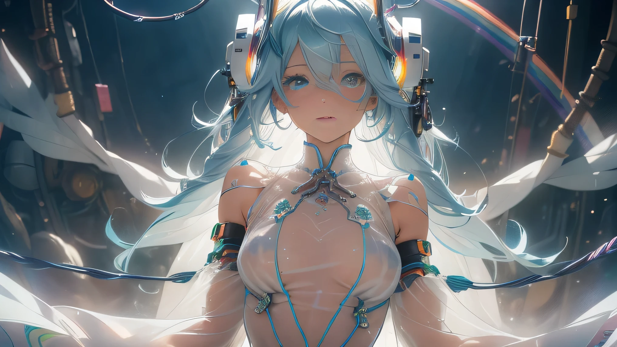 (quality)), ((masterpiece)), Recommended results、Puffy nipples、(see through:1.5)、straighten your back、abdominal muscles、huge bust、angle to floor:1.2、low camera angle、Hair loss on crotch,Hatsune Miku,super detailed)), (highly detailed CGillustration), ((extremely delicate and beautiful)),(1Mechanical Girl)),alone,White whole body,(Machine made joints:1.2),((white mechanical limbs)),(Rainbow blood vessel dots connected to tubes),(Rainbow mechanical vertebrae attached to back,With flowing rainbow dots.),((Flowing rainbow fixed around neck)),poker face,(Rainbow wires and cables attached to the neck:1.2),(Rainbow wires and cables on the head:1.2)(Character focus),,Very detailed,colorful,most detailed,cheongsam,huge
