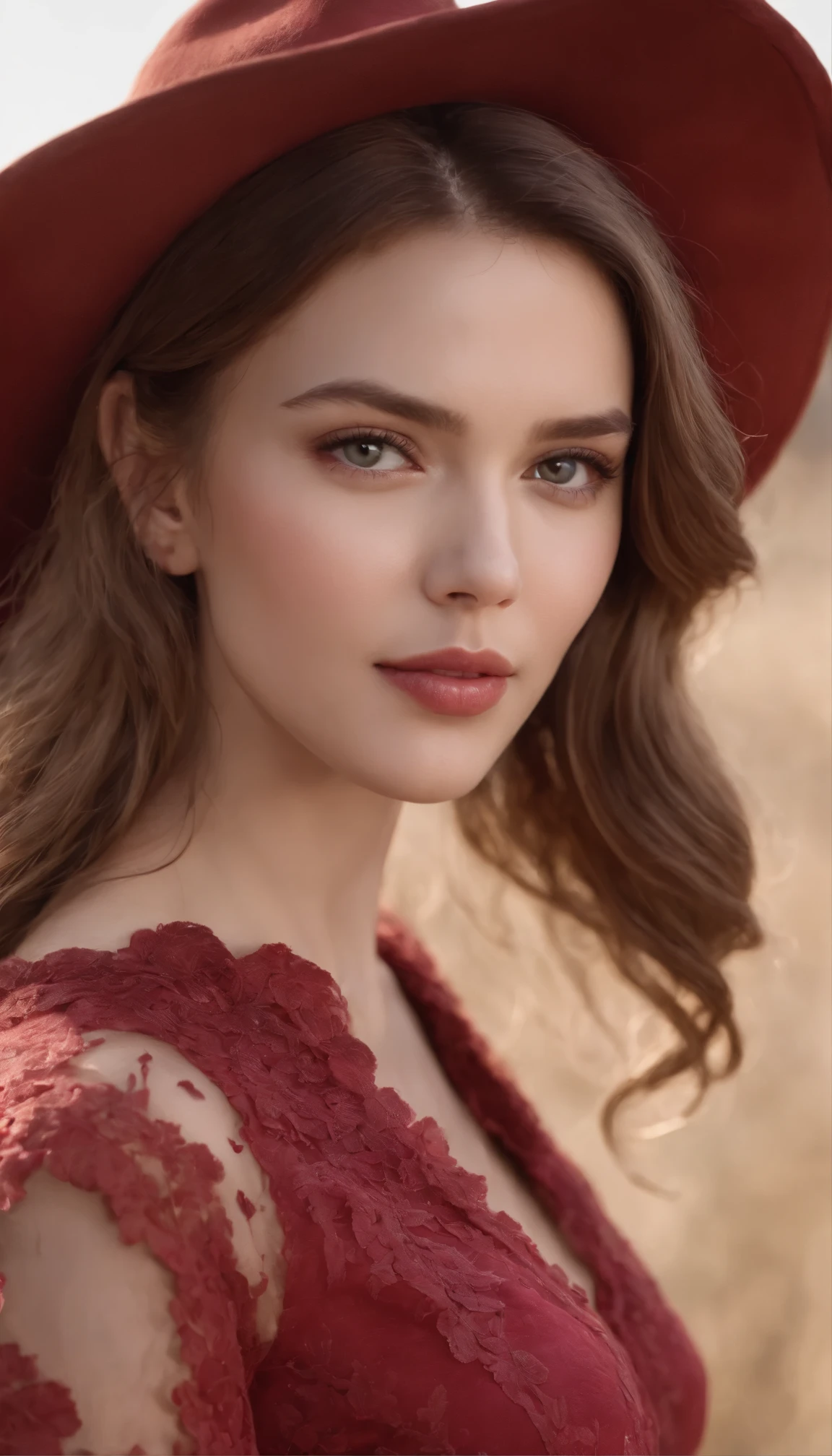 with high definition images,Beautiful cowgirl(masterpiece、highest quality:1.2)、カウボーイをテーマにしたScarlett Johanssonの画像、solo、One woman、Scarlett Johansson、Captivating smile、Look directly at your audience、Red dress featuring a capelet、Western-style hats、Highly detailed、Intricately crafted facial features、Realistic skin texture、Expressive eyes、Warm and inviting、Rustic, sun-kissed landscape、The perfect blend of elegance and rugged charm