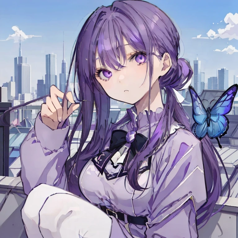 1 girl、Mature、Ample breasts、Purple Hair、Long Hair、Purple Eyes、Sharp Eyes、squat、uniform、ponytail、cool、blue sky、rooftop、Butterflies fluttering