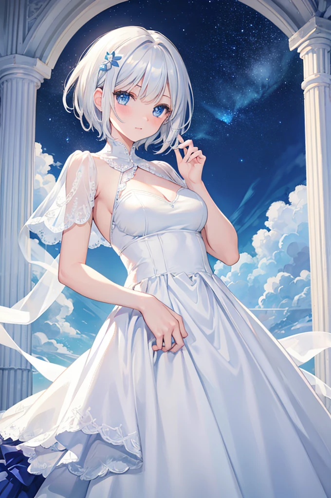 Silver Hair Short Hair Blue Eyes Beauty wedding White Dress White flower Night Sky Beautiful expression Fantastic Light Reaching out