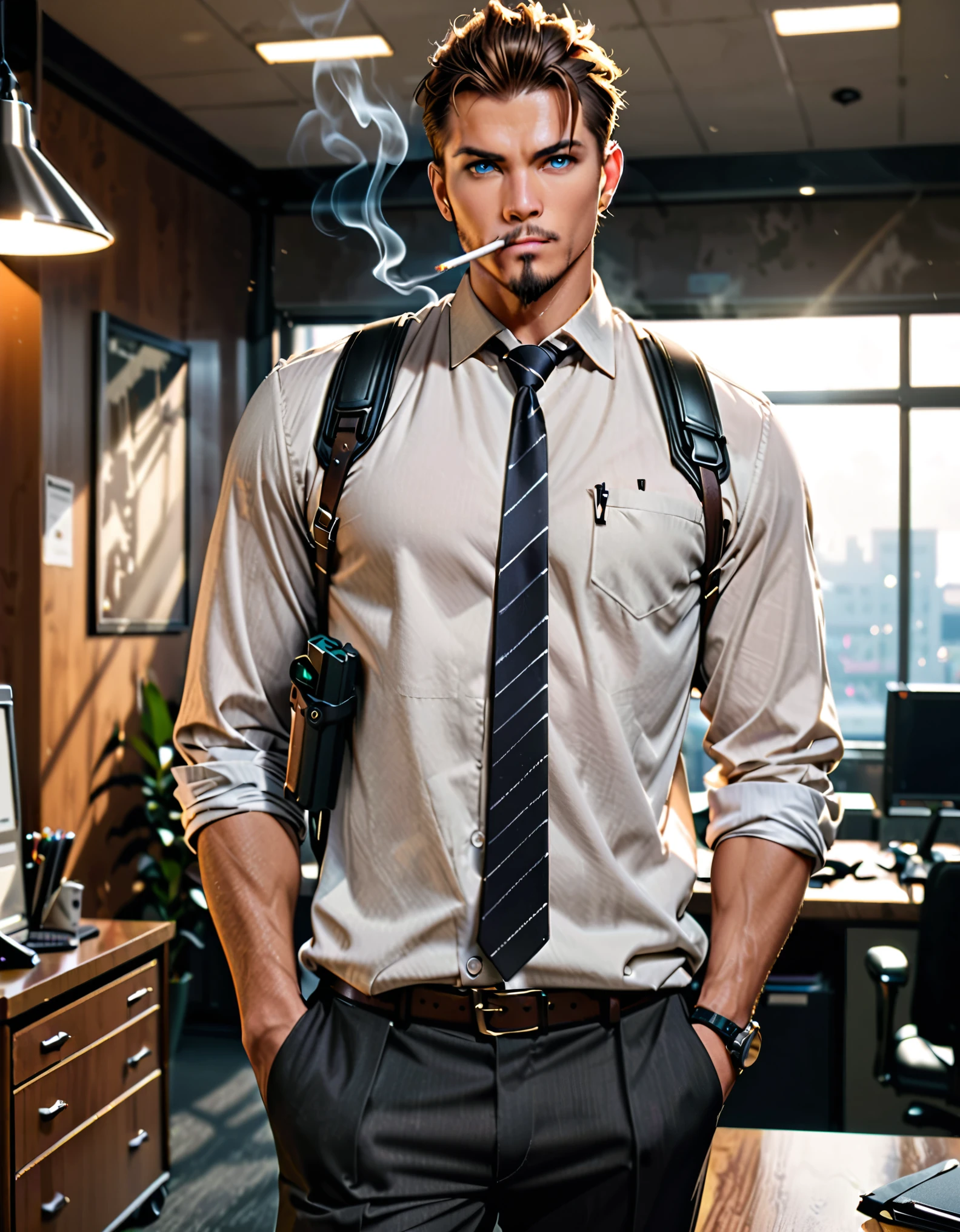 masterpiece, best quality, secret agent, (white suit t-shirt), sleeves rolled up, black necktie, shoulder holster, (brown slacks), black dress shoes, hand in pocket, (smoking), office background, indoors, realistic, stylish, rutkowski, goatee, brown hair, buzz hair, blue eyes, looking at viewer, intricate details, hyperdetailed, cinematic, rim light, danger atmosphere
