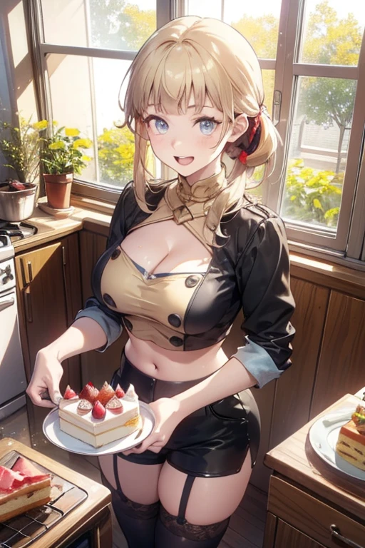 (dynamic angle:1.3, front view:1.1, breast focus:1.3, from above:1.1), (dynamic posing:1.2, sexy posing:1.2), (seductive smiling:1.3), ((looking at cake,Taking a cake out of the golden oven, worried about the outcome:1.2)),highest quality、(real、photorealistic:1.4),(ultra high resolution, 8K RAW photo, clear focus), best qualtiy, natural lighting, field depth, (Bright pupils, detailed beautiful eyes, high detailed face), Red lip, (tight focus:1.2), a girl 22yo old, Wearing a pastry chef uniform:1.3 , Thicc, thin breast, long hair, blue eyes,garter stocking, cleavage:1.2, midriff, black shorts, black thighhighs, thigh strap, pretty girl, (highly detailed beautiful face and eyes,firm breasts),real skin,((black,hair,long pony tail hair)),thin pubic hair,cute,lovely, detailed eyes,(double breasted:1.0,under bust:1.0),(with sparkling eyes and a contagious smile),open mouth, Looking at Viewer,A scene of cooking in the kitchen,looking at the golden oven
