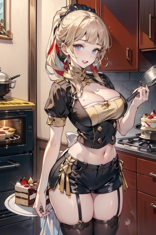 (dynamic angle:1.3, front view:1.1, breast focus:1.3, from above:1.1), (dynamic posing:1.2, sexy posing:1.2), (seductive smiling:1.3), ((looking at cake,Taking a cake out of the golden oven, worried about the outcome:1.2)),highest quality、(real、photorealistic:1.4),(ultra high resolution, 8K RAW photo, clear focus), best qualtiy, natural lighting, field depth, (Bright pupils, detailed beautiful eyes, high detailed face), Red lip, (tight focus:1.2), a girl 22yo old, Wearing a pastry chef uniform:1.3 , Thicc, thin breast, long hair, blue eyes,garter stocking, cleavage:1.2, midriff, black shorts, black thighhighs, thigh strap, pretty girl, (highly detailed beautiful face and eyes,firm breasts),real skin,((black,hair,long pony tail hair)),thin pubic hair,cute,lovely, detailed eyes,(double breasted:1.0,under bust:1.0),(with sparkling eyes and a contagious smile),open mouth, Looking at Viewer,A scene of cooking in the kitchen,looking at the golden oven
