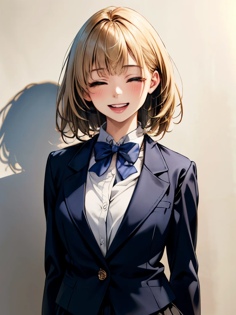 (masterpiece:1.2, highest quality), (Realistic, photoRealistic:1.4), Beautiful illustrations, (Natural Side Lighting, Cinema Lighting), , 
, (Face Focus, Upper Body, Front view:0.6), 1 girl, high school girl, Japanese, Perfect Face, Perfect Anatomy, Cute and symmetrical face, (Round face), Shiny skin, 
(Medium Hair、Blonde), Blunt bangs, blue eyes, Big eyes, Long Eyelashes, (Medium chest), 
Beautiful Hair, Beautiful Face, Beautiful fine details, Beautiful clavicle, Beautiful body, Beautiful breasts, 
(((navy , navy school blazer:1.2, navy pleated mini skirt), Closed blazer, Grey bow tie, White collared shirt), (Bust Shot),
(Pure white wall background), Are standing, (clapping in front of the chest), (Laughing out loud), Eyes closed