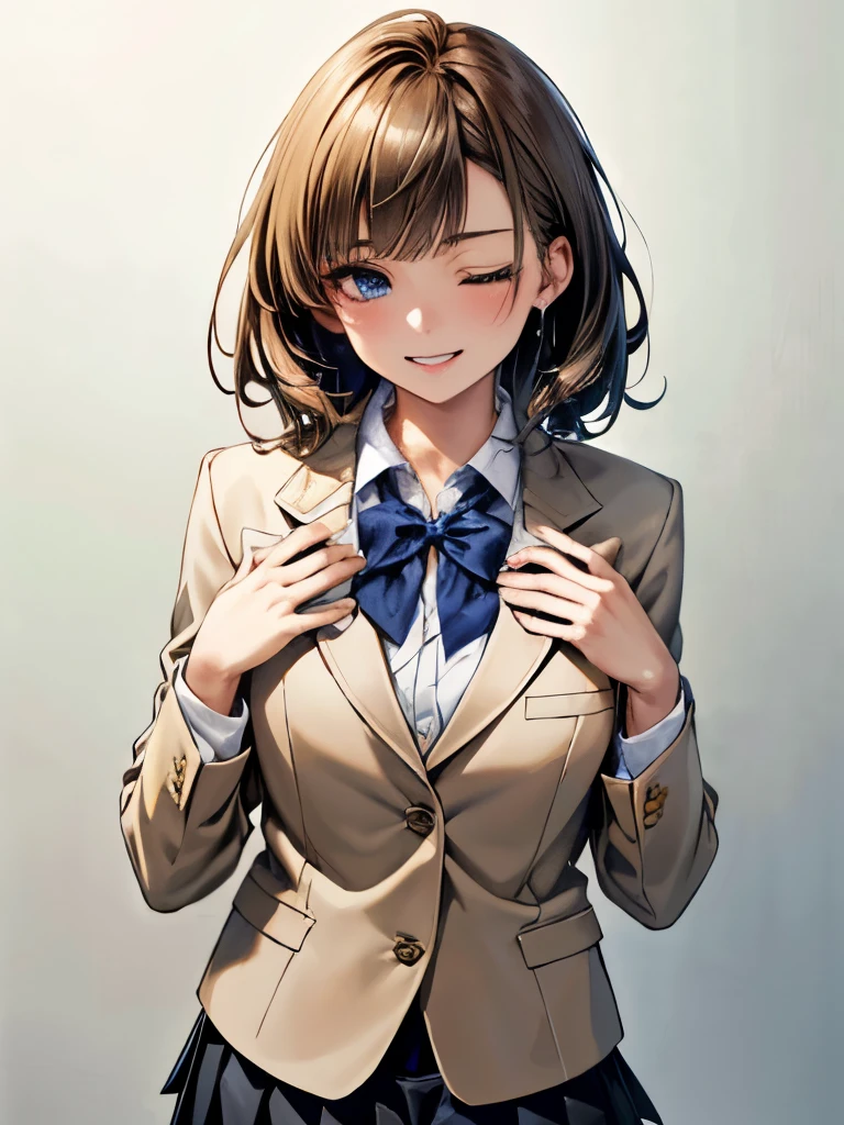 (masterpiece:1.2, highest quality), (Realistic, photoRealistic:1.4), Beautiful illustrations, (Natural Side Lighting, Cinema Lighting), ,
, (Face Focus, Upper Body, Front view:0.6), 1 girl, high school girl, Japanese, Perfect Face, Perfect Anatomy, Cute and symmetrical face, (Round face), Shiny skin,
(Medium Hair、Blonde), Blunt bangs, blue eyes, Big eyes, Long Eyelashes, (Medium chest),
Beautiful Hair, Beautiful Face, Beautiful fine details, Beautiful clavicle, Beautiful body, Beautiful breasts,
(((navy , navy school blazer:1.2, navy pleated mini skirt), Closed blazer, Grey bow tie, White collared shirt), (Bust Shot),
(Pure white wall background), Are standing, (clapping in front of the chest), (Laughing out loud), Eyes closed