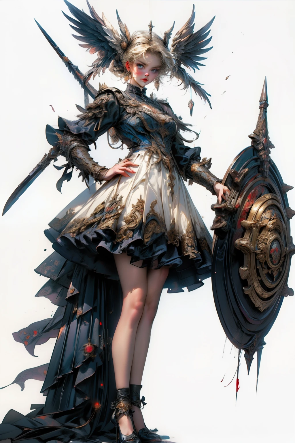 ((best quality)), ((masterpiece)), (detailed), blank white background, plain background, white background, Bloodborne inspired, occult aesthetic, occult, detailed and intricate steampunk and detailed gothic, NSFW, Very dramatic and cinematic lighting, cosmic horror, grim-dark, side-lighting, perfect face, a beaituful goddess valkyrie adorned and enshrined in armour, Bloodborne inspired valkyrie, occult aesthetic valkyrie, occult valkyrie, detailed and intricate steampunk and detailed gothic valkyrie, wielding a sword and holding a shield, NSFW, Fluttering lace flared long knee length dress with frilly petticoats, knee length dress, pleated petticoats, ta dress, petticoats gothic loliside-lighting, gothic lolita aetic, beautiful small breasts, small breasts, full body, whole body, body, plain background, white background, blank background, no background, white background NSFW, full body, whole body, head-to-toe