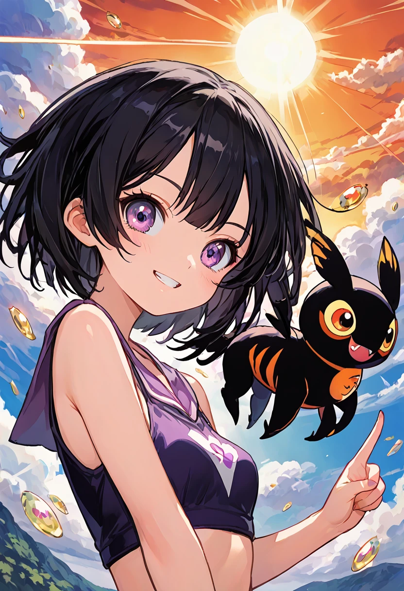 god, girl,8k, legend, small breasts, , kawaii, cute, thunder, light, black hair, bob cut, mesugaki, fly, sky