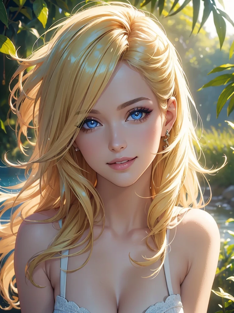 (Best quality,ultra detailed,Photorealistic:1.37),bright and rich colors,studio lighting,Playful expression,stylish makeup, Lyme,Blonde hair blowing in the wind,inviting eyes,Glossy lips,sexy pose, I smile confidently and seductively,posing for a professional photo shoot,Shallow depth of field,highlighting the main subject,Soft natural light,Creating a dreamy and magical atmosphere.