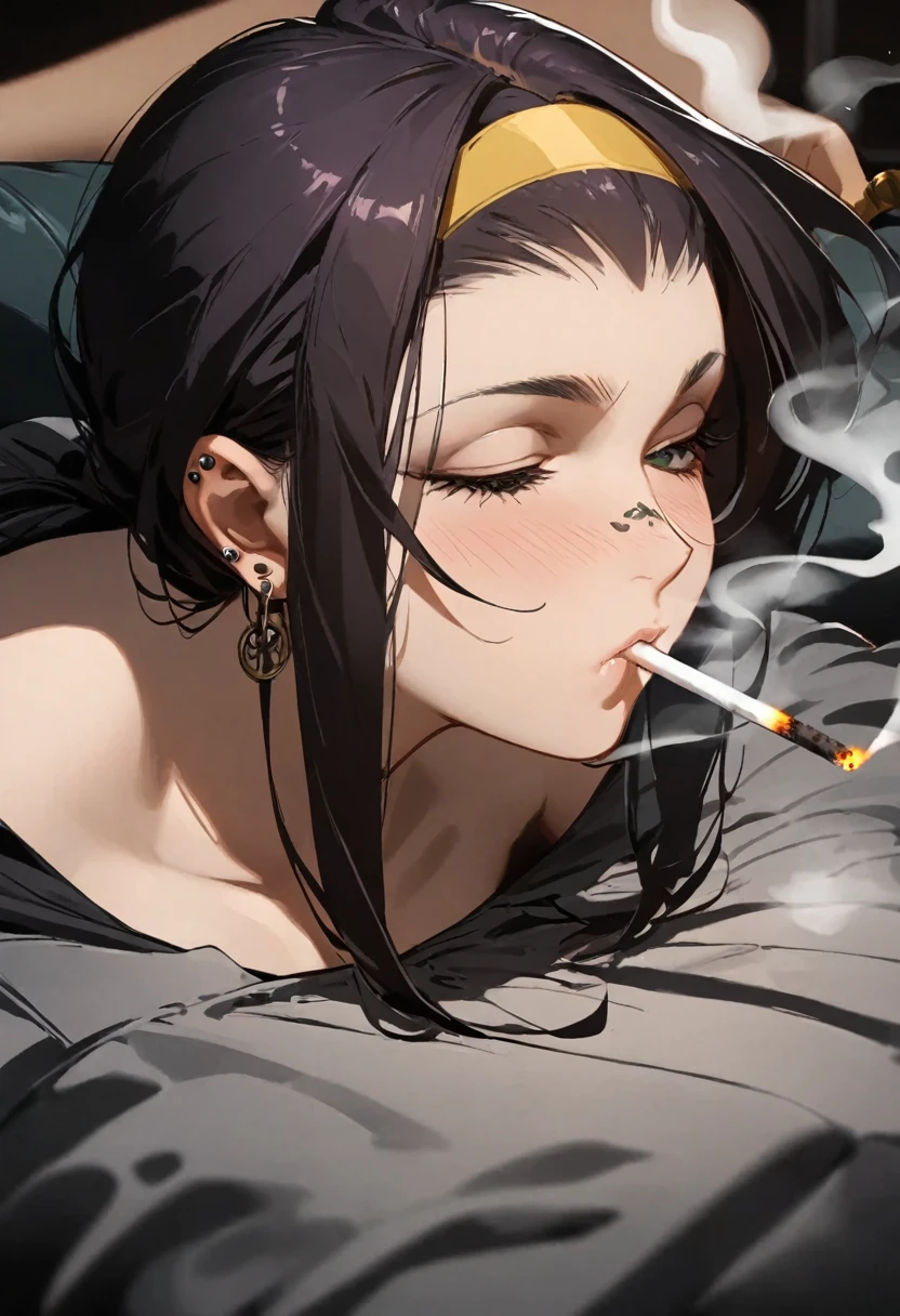 jane porter from tarzan eating cigarette ash, placing cigarette ash on tongue, mouth wide open, tongue sticking out, ash on tongue, on the bed, smoking cigarettes, SMOKE IN MOUTH, lots of cigarette ash, yellow dress