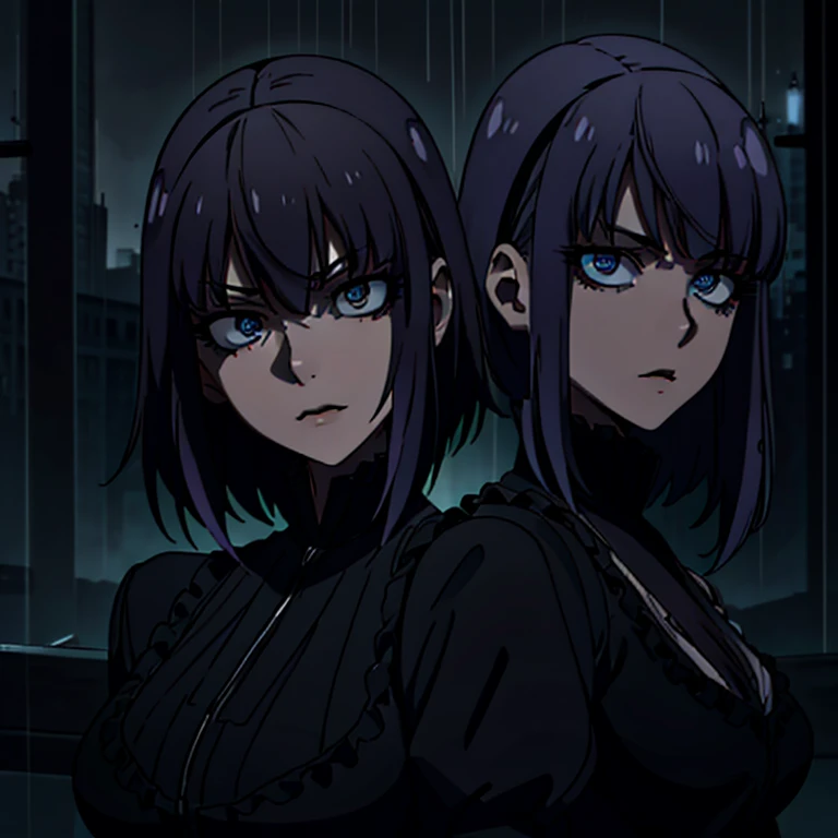 Mae e filha intricate dark gothic makeup, two beautiful young girls, rainy night, dark goth fashion, urban city background, dramatic lighting, 8k, cinematic, photorealistic, incredible details, hyper realistic, masterpiece, chiaroscuro, dramatic shadows, moody atmosphere peitos grandes e uma com pequenos