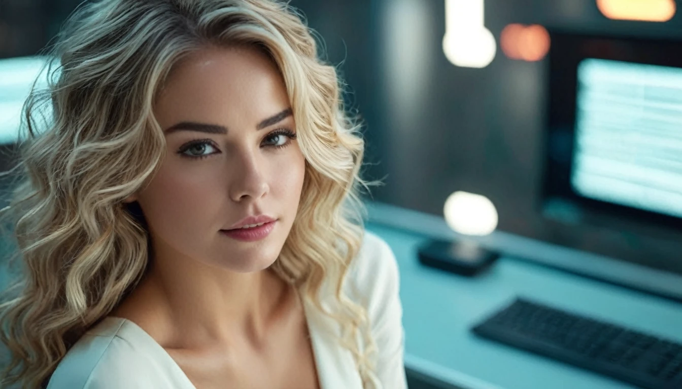 ((high angle camera view from above))cinematic wide angle full body shot of a stylish european long blonde wavy haired woman wearing (elegant short white dress with bow strap)sitting in front of a futuristic computer in a programming room, futuristic colorful cyberpunk styled neuron web in the background.Consistent structure of the character. She has stylish make up and luxury hair style. Highly detailed facial features, full lips, upturned nose, best smile, realistic perfect eyes and face. Photorealistic body and face, highly detailed shiny hair and skin. Sharp focus, depth of field, lifelike textures, best shadows, best quality. Realism, photorealism, hyperrealism, vintage muted color tones, lomochrome, natural lights, cinematic lighting, contrast lighting, best quality, insanely intricate details, hdr, uhd 8k, 35 mm film, analog. Award - winning photograph, Masterpiece, 16k,hyper detailed,sfumato, chiaroscuro, beautiful woman, perfect face, rule of thirds, highly detailed hair, ((detailed face)), ((detailed facial features)), (finely detailed skin), pale skin, intricate details, amazing fine detail, neutral colors, Soft front light,cinematic lighting, dramatic lighting,dappled light on face, backlight on hair, sharp focus, wide angle, film grain, dslr, raw photo, photographed on Nikon
