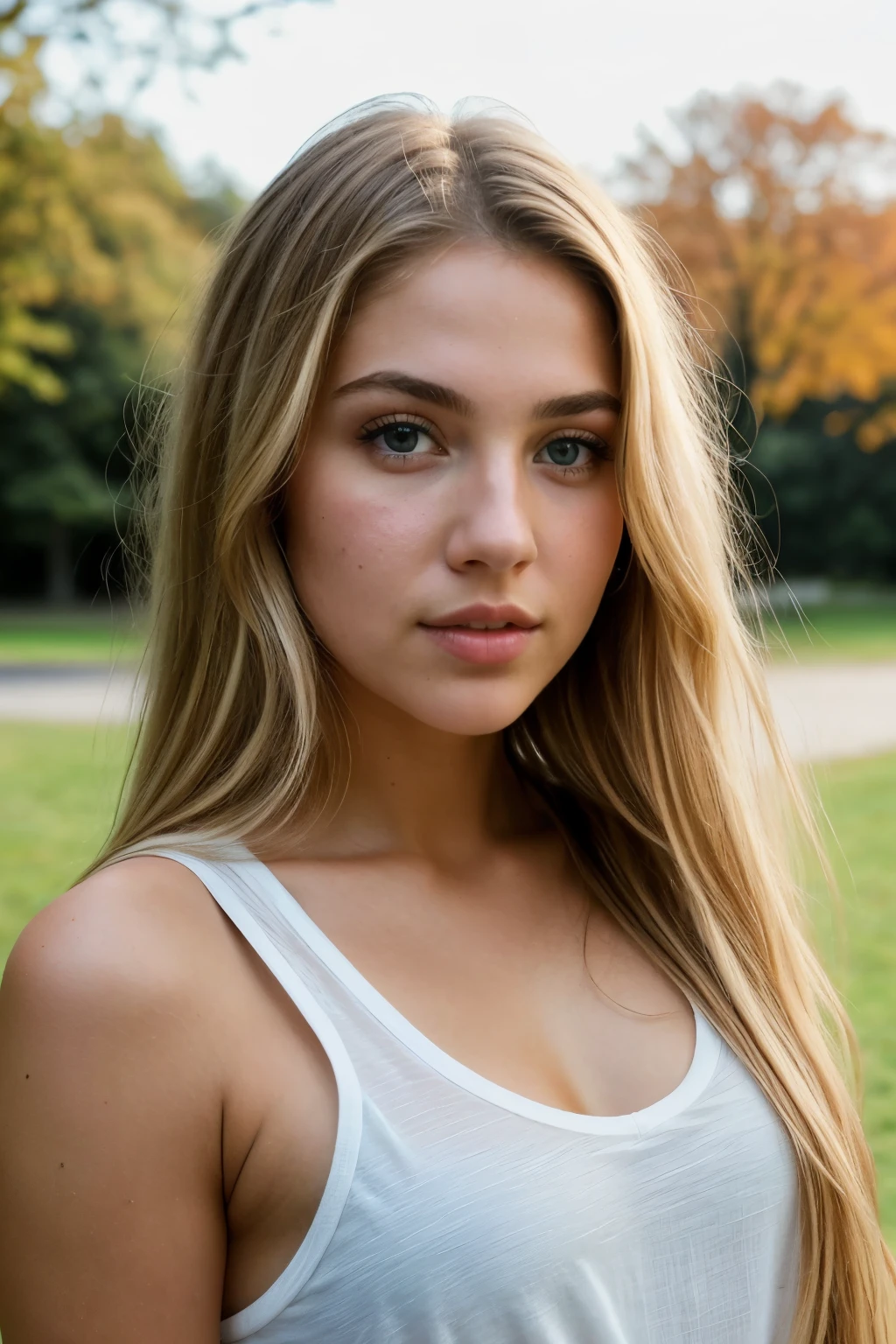 19-year-old girl with blonde hair and brown eyes, ((stunning beauty)), ((hyperrealistic)), blonde hair with subtle browny highlights, Hair with brown roots, medium-long hair, really long hair, Beautiful, Front view, selfie, photo taken with iPhone, casual white top, Simple, Selfie in the park, high quality, selfie iPhone, natural makeup, Blue eyes, Lighting focusing on face, volumetric lighting, good highlights, good shadows, intricate, highly detailed, Girl Next Door Style, SFW, ((cinematic)), Dramatic, (highest quality, Granted, masterpiece:1.5), (fotorrealistic: