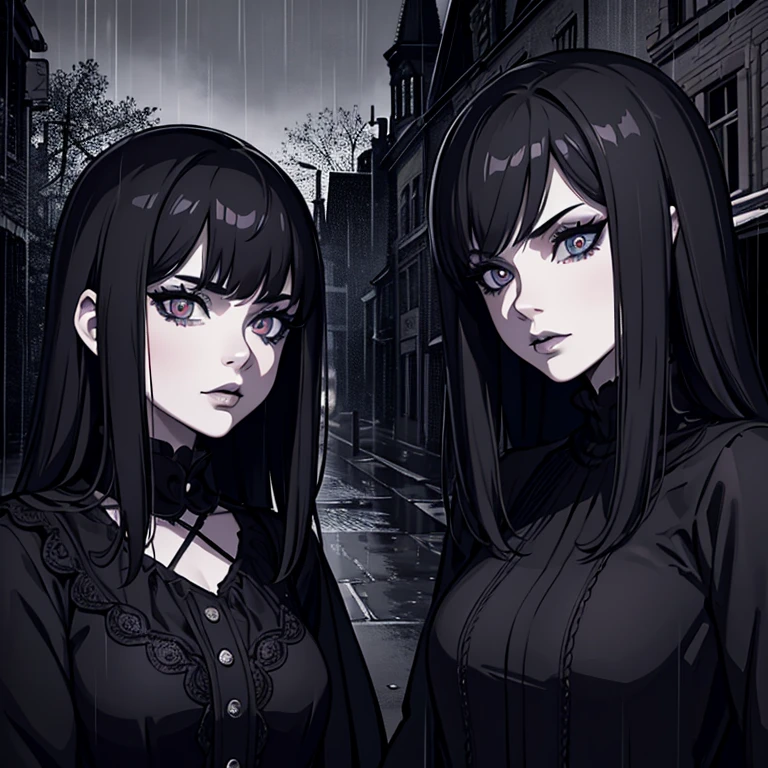 Mae e filha intricate dark gothic makeup, two beautiful young girls, rainy night, dark goth fashion, urban city background, dramatic lighting, 8k, cinematic, photorealistic, incredible details, hyper realistic, masterpiece, chiaroscuro, dramatic shadows, moody atmosphere peitos grandes e uma com pequenos