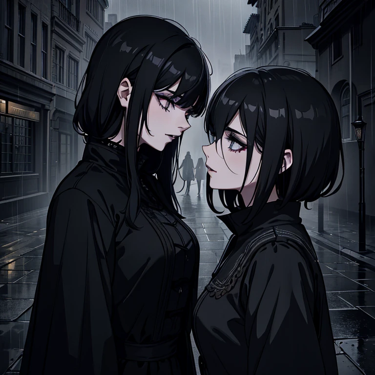 Mae e filha intricate dark gothic makeup, two beautiful young girls, rainy night, dark goth fashion, urban city background, dramatic lighting, 8k, cinematic, photorealistic, incredible details, hyper realistic, masterpiece, chiaroscuro, dramatic shadows, moody atmosphere peitos grandes e uma com pequenos