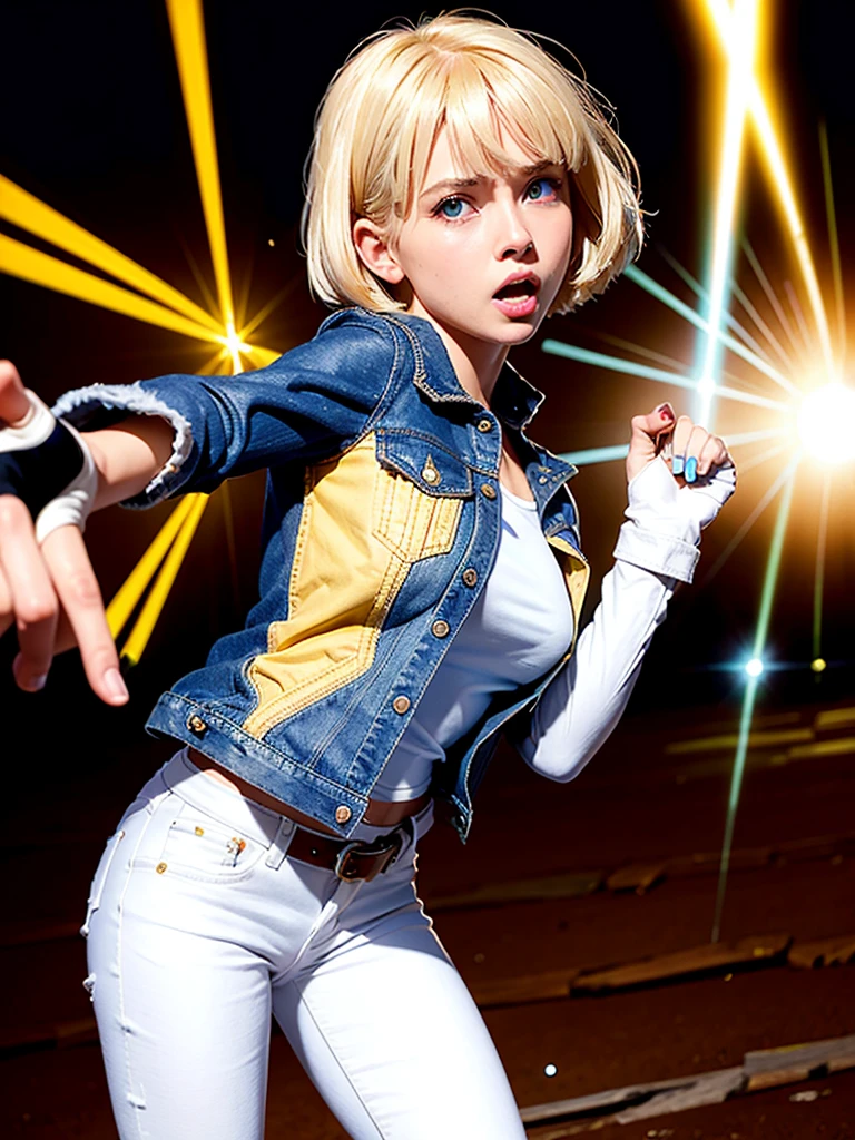 (((1 girl, Lovely, denim jacket, White top, jeans, Gloves, blond, short hair, Bob Hairstyle, side parted hair, blue eyes))), (((blond hair))),
Dynamic poses, Comic Style, Depict a group of characters in various action scenes, From intense battles to lighthearted moments, Features dramatic speed lines and bold sound effects, Capture the excitement and energy of storytelling, Laser beams from the palm of your hand, Attack with palm forward, yellowstone park, Grand Canyon,