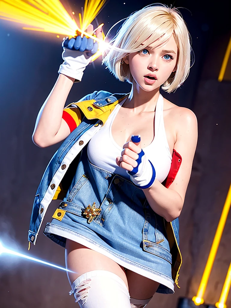 (((1 girl,  Lovely, denim jacket, White top, jeans, Gloves, blond, short hair, Bob Hairstyle,  side parted hair, blue eyes))), (((blond hair))), 
Dynamic poses, Comic Style, Depict a group of characters in various action scenes, From intense battles to lighthearted moments, Features dramatic speed lines and bold sound effects, Capture the excitement and energy of storytelling, Laser beams from the palm of your hand, Attack with palm forward, yellowstone park, Grand Canyon,