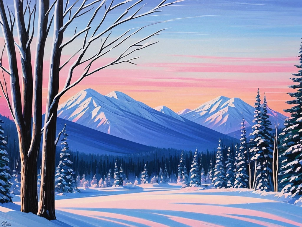 Create a winter landscape painting with a serene atmosphere, using a palette of light pink, muted blue, dark grayish blue, bright blue, very dark gray, and light grayish blue. The scene should feature a snowy forest in the foreground and a majestic mountain range in the background, capturing the transition of colors from the snow-covered trees to the vibrant hues of the sky and mountains at sunrise. The painting should evoke a sense of tranquility and the beauty of nature