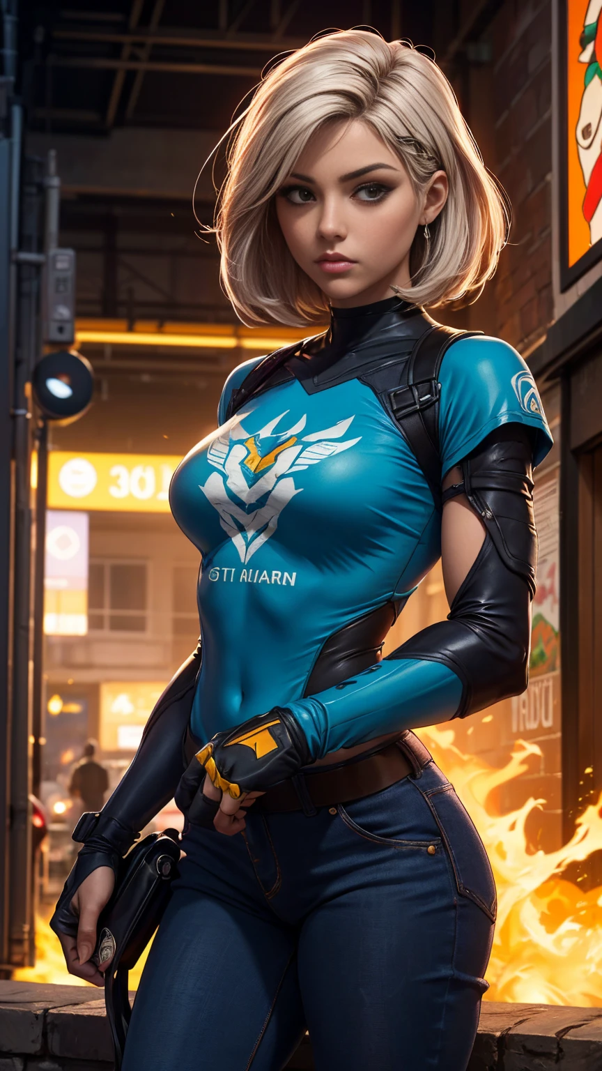 CG K ultrarrealista ,((de primera calidad、8k、32K、Obra maestra、nffsw:1.3)), (superfine illustration)、(super high resolution), (((cuerpo adulto))), (((1 chica en))), ((( bob de pelo corto ))), 25 year old cyberpunk gladiator with perfect body, Hombreras con espinas de metal., Gladiadores in Brooklyn, (( bob de pelo corto )), Camiseta del equipo de rugby rota, Casi desnudo al estilo urbano salvaje de Simon Bisley, pelo rubio corto, ropa minima, Metallic protection on the left arm with complex graphics..., Rojo oscuro con estrellas blancas y rayas azules y blancas., armadura, Lleno de puntas y remaches., Tatuaje de veneno (((Imagen desde la rodilla hacia arriba))), pelo rubio blanco corto, En el fondo、 There is a wall with an intricate design painted by Shepard Fairey...